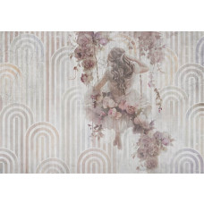 Fotobehang meisje op schommel met rozen en vintage boogpatroon in zachte tinten.