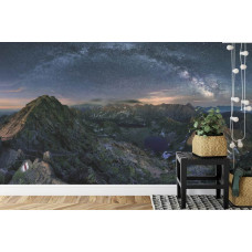 Eine Fototapete mit einem Sternenhimmel und Bergen in einem Schlafzimmer.