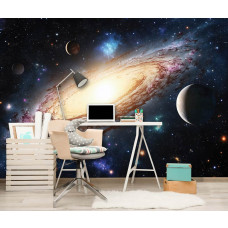 Fotobehang met de Melkweg en fonkelende sterren in een sfeervolle en dromerige slaapkamer voor een meisje.