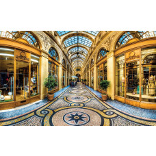 Milan City Shopping Fototapete mit einer luxuriösen Lounge in Gold und einem urbanen Look.