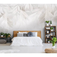 Fotobehang met een rustgevend bladpatroon in een lichte en serene slaapkamer.
