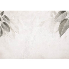 Fotobehang met een minimalistisch botanisch patroon van fijne bladeren in zachte groentinten op een lichte achtergrond.