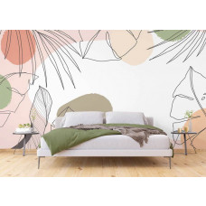 Eine Fototapete mit minimalistischem Design in sanften Pastellfarben in einem Schlafzimmer.