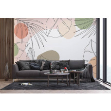 Eine Fototapete mit minimalistischem Design in sanften Pastellfarben in einem Wohnzimmer.