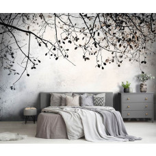 Fotobehang met subtiele takken in minimalistische stijl aan de muur van een rustige slaapkamer.