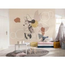 Eine Fototapete mit Minnie Mouse in weichen Formen, Disney-Thema, sichtbar in einem Kinderzimmer.