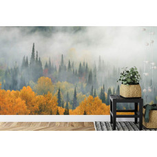 Eine Fototapete mit einem nebligen Herbstwald, abgebildet in einem Schlafzimmer.