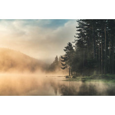 Fototapete mit Nebel über einem See, umgeben von Bergen und Wäldern, mit einer ruhigen und gelassenen Atmosphäre.
