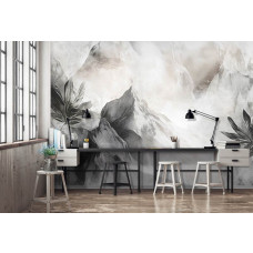 Fotobehang met tropisch gebladerte en bergsilhouetten in de mist in een modern kantoor.