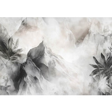 Fotobehang met een mistig berglandschap op de achtergrond en tropische bladeren op de voorgrond.