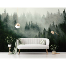 Eine Fototapete mit einer nebligen Waldlandschaft für den Wohnraum und das Wohnzimmer.