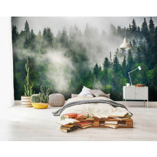 Eine Fototapete mit einem nebligen Bergwald, geeignet für ein Kinderzimmer.