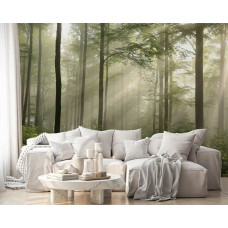 Fototapete mit sanften Sonnenstrahlen in einem nebligen Wald, verarbeitet in einem gemütlichen Wohnzimmer.
