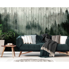 Fototapete eines nebligen Waldes auf Holzbrettern mit Natur und Bäumen im Wohnzimmer.