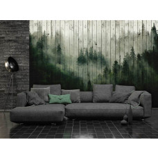 Fototapete eines nebligen Waldes auf Holzbrettern mit Natur und Bäumen im Schlafzimmer und Wohnzimmer.