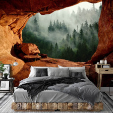 Fototapete Nebelwald aus einer Höhle im Vliestapeten-Stil für ein Schlafzimmer.