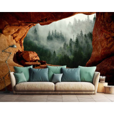 Fototapete Nebelwald aus einer Höhle im Vliestapeten-Stil für ein Wohnzimmer.