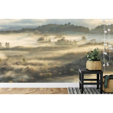 Eine Fototapete mit einer nebligen Waldlandschaft voller Natur, ideal für eine Küche.