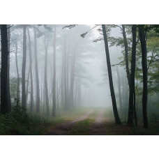 Fotobehang met een rustig bospad omgeven door hoge bomen en ochtendmist die tussen de stammen zweeft.