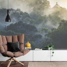 Eine Fototapete mit einem nebligen Waldparadies und dichten Wäldern, abgebildet in einem Wohnzimmer.