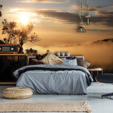 Eine Fototapete mit einer nebligen Waldlandschaft, angezeigt in einem Kinderzimmer.