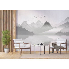 Ein Fototapet von nebligen Bergen bei einem See in einem Büro mit Airtex-Behang.