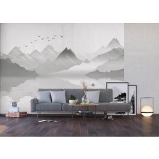 Ein Fototapet von nebligen Bergen bei einem See in einem Wohnzimmer mit Airtex-Behang.