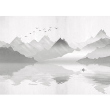 Ein Fototapet von nebligen Bergen bei einem See.