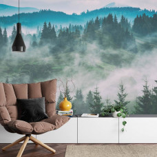 Eine Fototapete mit einer stimmungsvollen Waldlandschaft voller Nebel und natürlichem Charme, geeignet für ein Wohnzimmer.
