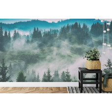 Eine Fototapete mit einer nebligen Waldlandschaft, die eine traumhafte Atmosphäre schafft, perfekt für ein Büro.