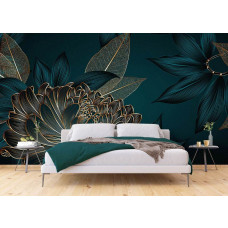 Eine Fototapete eines modernen Luxusdesigns mit Chrysanthemen und Blättern in einem Schlafzimmer.