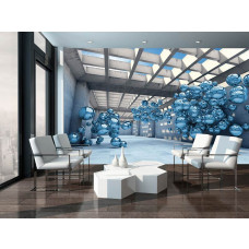 Eine Fototapete mit blauen Metallkugeln in einer futuristischen 3D-Umgebung.