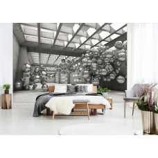 Eine Fototapete eines abstrakten Gebäudes in Schwarz und Weiß im 3D-Stil, geeignet für ein stilvolles Schlafzimmer.