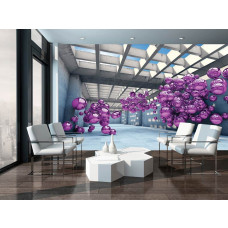 Fototapete mit lilafarbenen Metallkugeln in einem 3D-Raum, der ein architektonisches Aussehen eines Gebäudes zeigt.