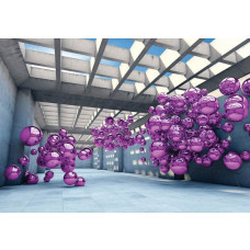 Fototapete eines modernen Raumes mit lilafarbenen Metallkugeln, in einem abstrakten und futuristischen Design.