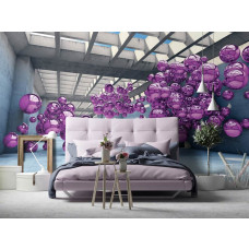 Fototapete mit lilafarbenen Metallkugeln in einem modernen 3D-Raum.