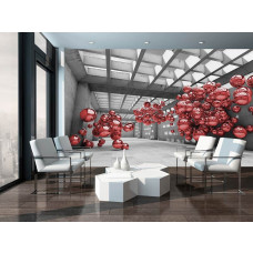 Eine Fototapete mit roten Metallkugeln in einer modernen Umgebung eines Gebäudes.