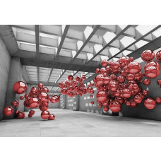 Rote Metallkugeln in einem modernen Raum, Fototapete mit einem abstrakten und futuristischen Look.