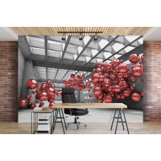 Eine Fototapete mit roten Metallkugeln in einem 3D-Raum, geeignet für eine Büroumgebung.