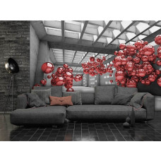 Eine Fototapete mit roten Metallkugeln in einem futuristischen 3D-Raum.