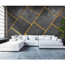 Eine Fototapete mit modernen Fliesen in Schwarz mit goldenen Fugen und Grautönen in einem industriellen Wohnzimmer.