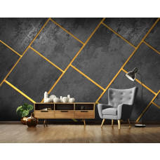 Eine Fototapete mit modernen Fliesen in Schwarz mit goldenen Fugen und Grautönen im Wohnzimmer.