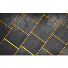 Moderne Fototapete Fliesen in Schwarz mit goldenen Fugen, glatter grauer Hintergrund.
