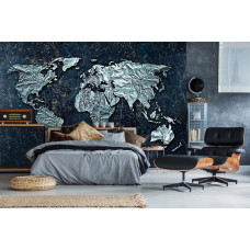 Eine Fototapete mit einer silbernen Weltkarte im modernen Stil, ideal für das Schlafzimmer.