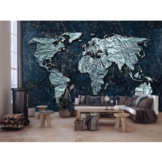Eine Fototapete mit einer silbernen Weltkarte für das Wohnzimmer.