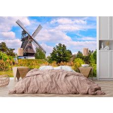 Fototapete Mühle im Frühling im Schlafzimmer mit sanften Frühlingsfarben.