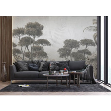 Ein Fototapete mit einem monochromen Dschungel in einem Wohnzimmer, bei dem der klare Schwarz-Weiß-Dschungeldruck eine professionelle und inspirierende Ausstrahlung verleiht.