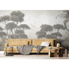 Ein Fototapete mit einem monochromen Dschungel in einem modernen Wohnzimmer, bei dem die detaillierten Pflanzen und das Schwarz-Weiß-Farbpalette einen eleganten und zeitlosen Look verleihen.