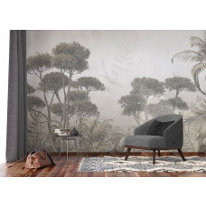 Ein Fototapete mit einem monochromen Dschungel im Wohnzimmer, bei dem die Kontraste zwischen dunklen und hellen Blättern ein verspieltes und elegantes Dschungelgefühl schaffen.