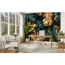 Fototapete mit Monstera Blättern in Grün und Gold in einem Büro mit luxuriöser Ausstrahlung.